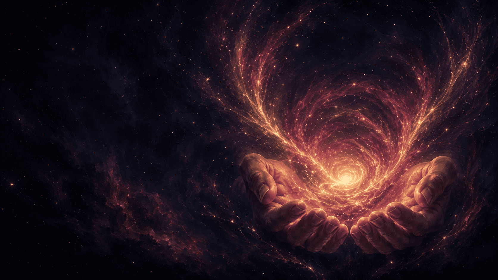 Co-created reality: a pair of cupped hands palms-up emerging from lower frame holding a small swirling galaxy, light flowing both outward from the hands and inward toward them, deep cosmic background with starfield