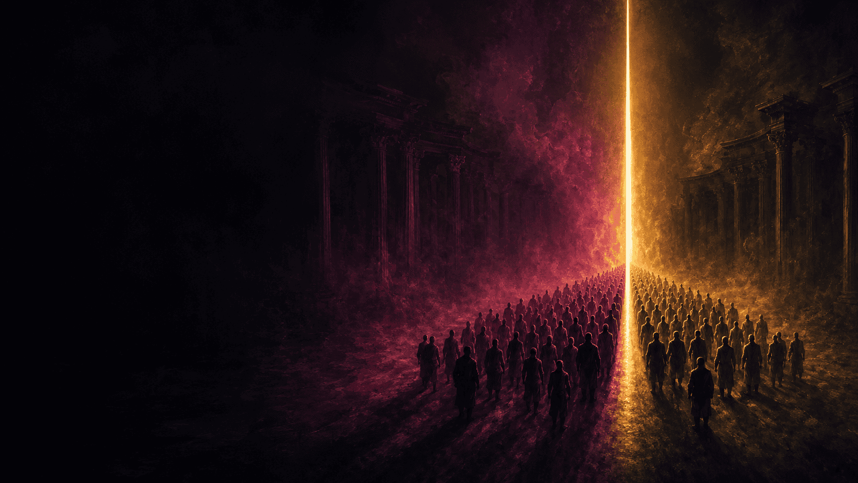 Divide and conquer: a crowd of small silhouetted figures splitting cleanly into two opposing groups facing away from each other, a thin sharp wedge of cold light driving down between them like a blade, faint Roman columns in the haze