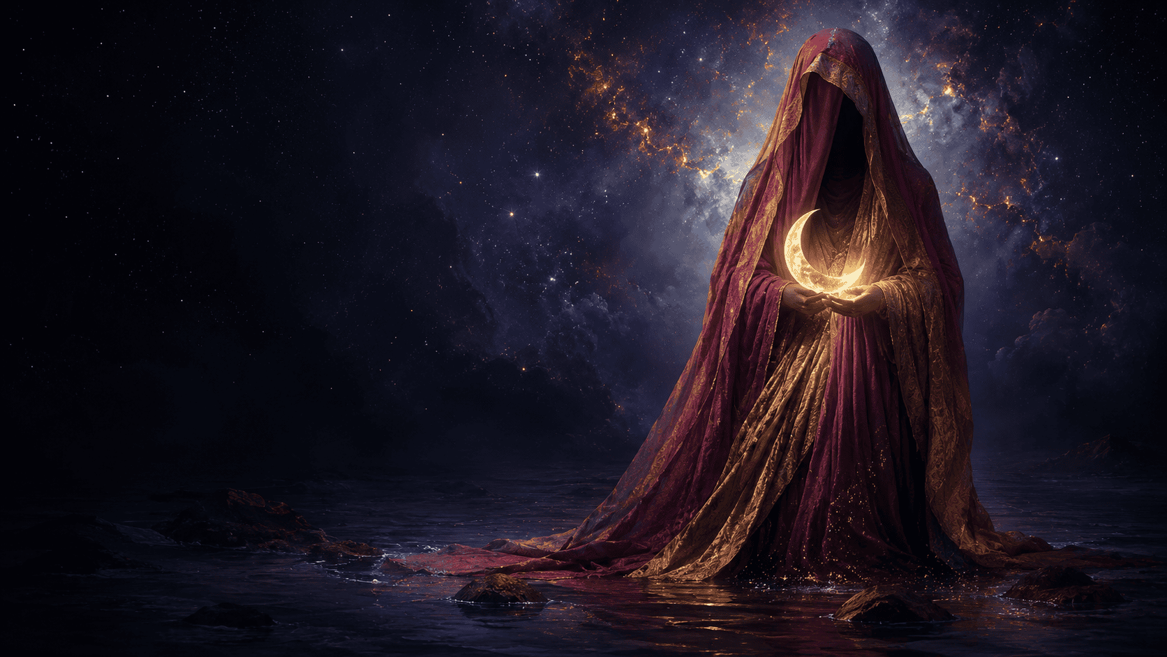 Divine feminine: a veiled feminine figure in flowing robes of deep burgundy and antique gold holding a luminous crescent moon, face obscured by drapery, water flowing softly at her feet, cosmic background with starry sky