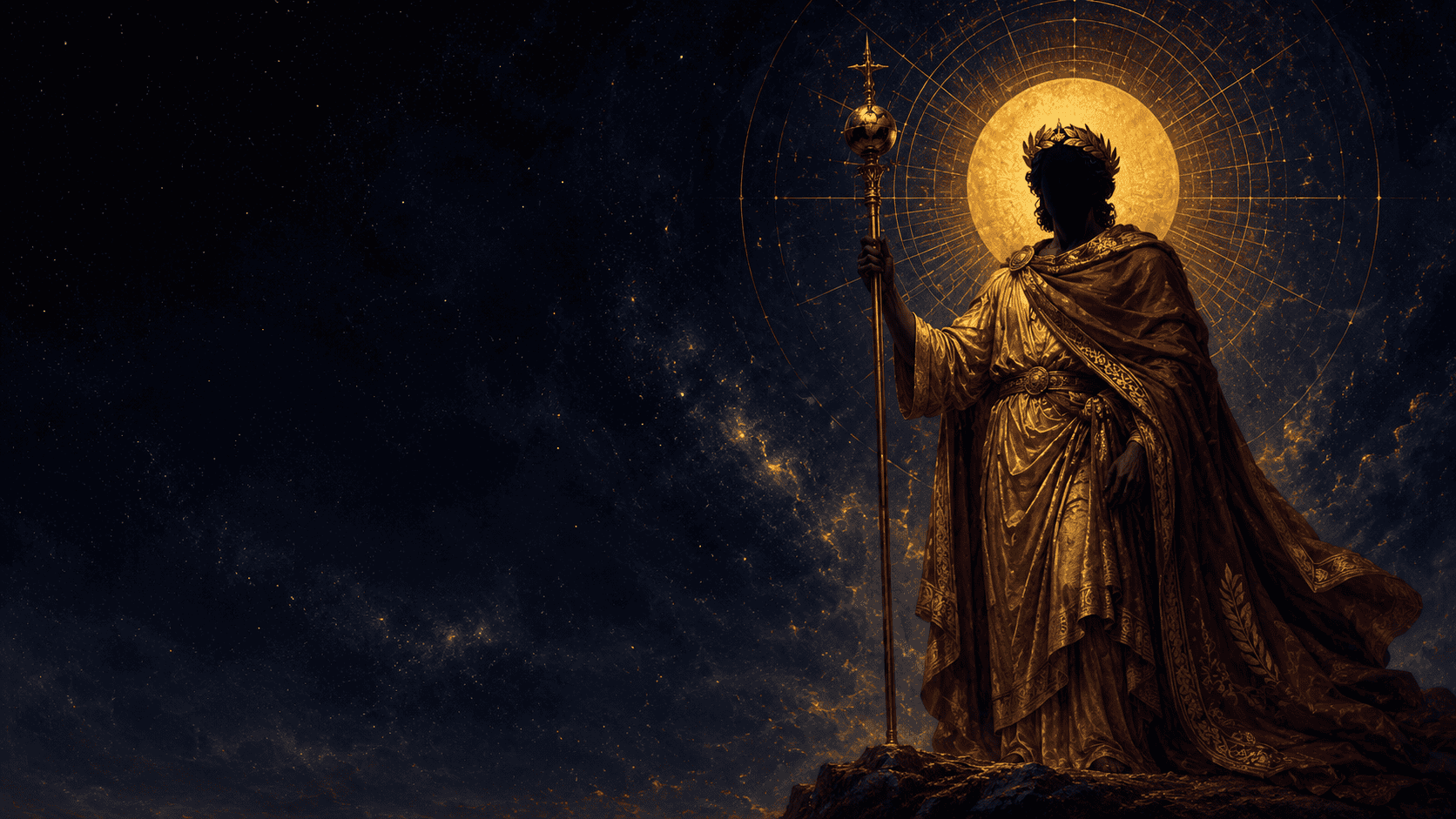 Divine masculine: a masculine figure standing in classical contrapposto pose holding a vertical staff, geometric solar disc glowing behind his head, robes of antique gold with burgundy accents, regal not aggressive