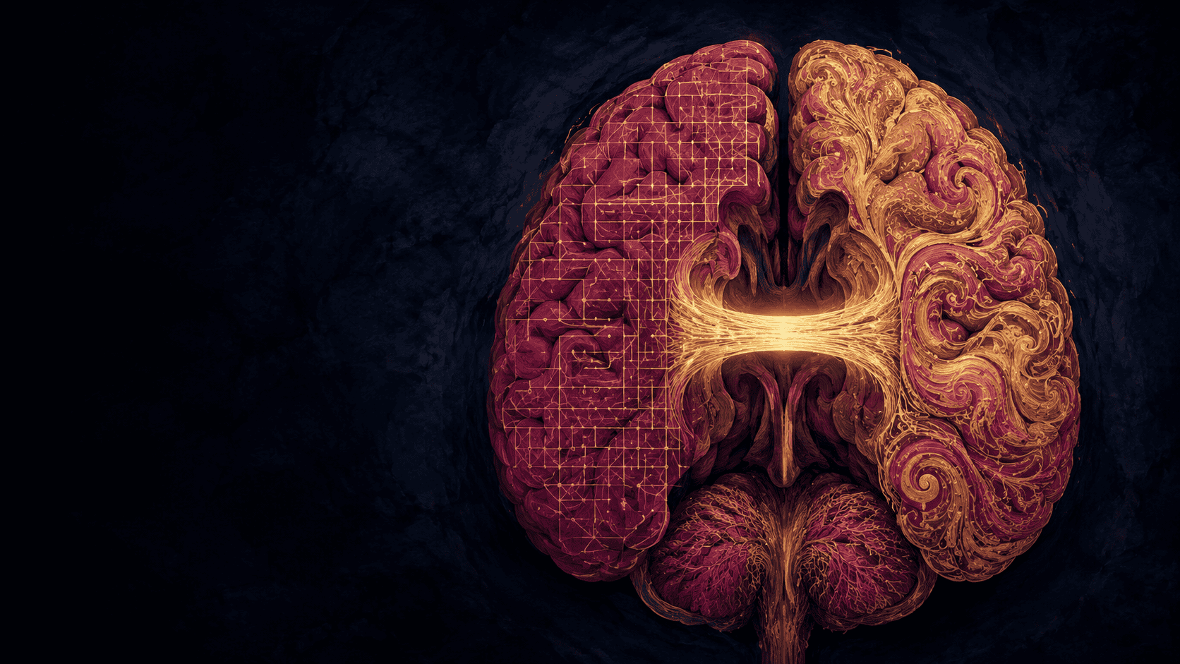 Left brain vs right brain: detailed anatomical illustration of human brain in cross-section viewed from above, left hemisphere with structured geometric grid pattern in burgundy, right hemisphere with flowing organic swirls in magenta and gold, luminous corpus callosum bridge glowing between