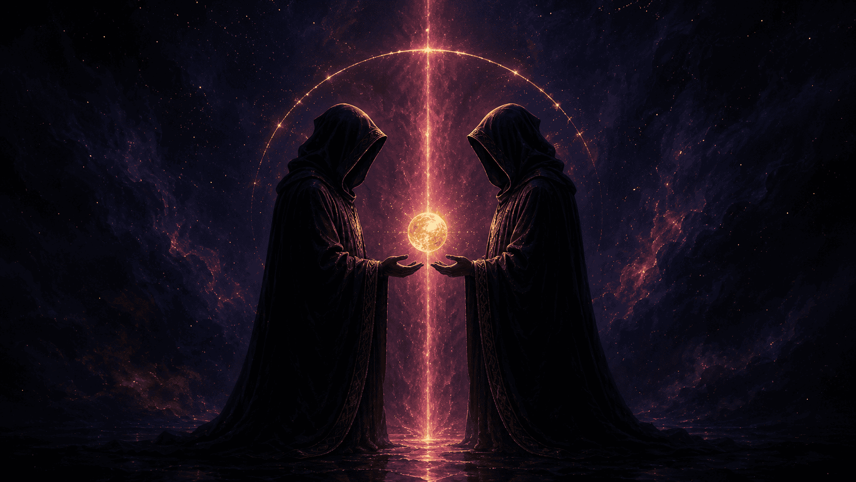 Twin flame meaning: two robed silhouettes facing each other across a narrow vertical divide of intense glowing magenta light, mirror-image poses, a single bright orb of gold light hovering between them at heart level, gold halo arcing over both