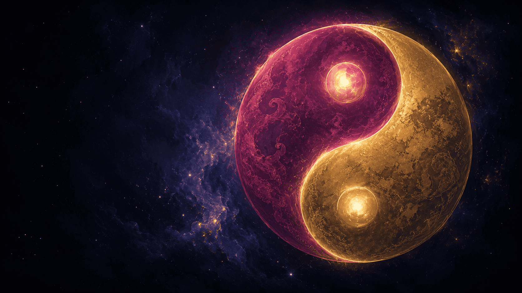 Yin yang meaning: a large stylized Taijitu symbol rendered in deep burgundy and antique gold, the inner dots glowing softly with luminous light, against a deep cosmic background with faint star field