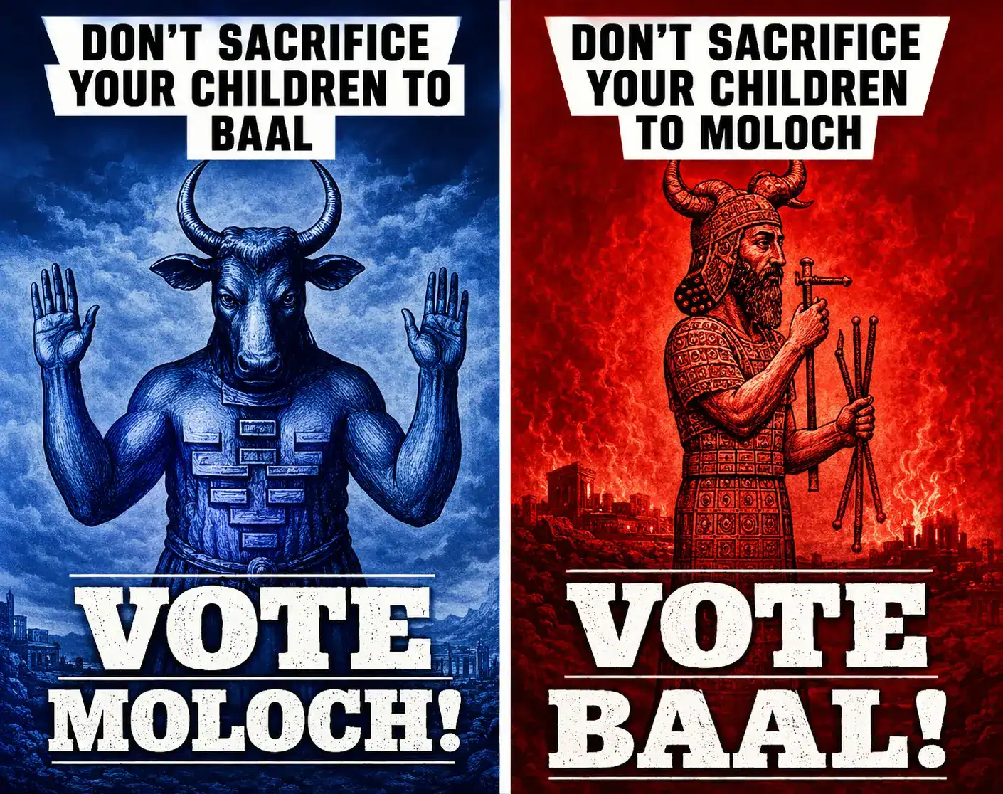 vote moloch and vote baal election posters showing both political sides serving the same ancient system